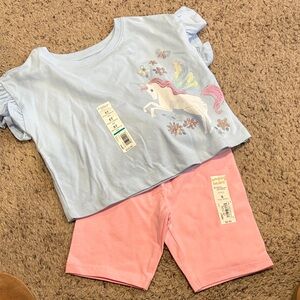Jumping Beans Light Blue Tee with unicorn and new shorts this set is 5/5t